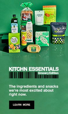 an advertisement for kitchen essentials on a green background