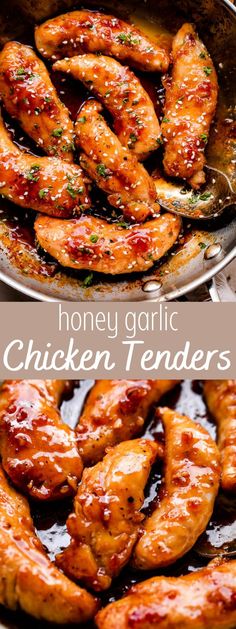 honey garlic chicken tenders in a skillet with text overlay that reads honey garlic chicken tenders