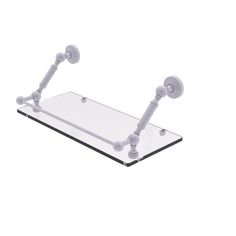 a glass shelf with two metal handles on the top and one is attached to it