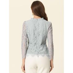 Add a bit of femininity to your look with the ruffle round-neck lace top. It features a long sleeve form, a ruffle neck, and lace fabric. It perfectly matches everyday jeans and skirts for a weekend casual look. A lace top puts a feminine spin on any day or night look with a charming feminine silhouette. Good options for parties, sweet dating, shopping, festivals, banquets, office outfits, casual wear, and daily outfits. Formal Long Sleeve Tops With Scalloped Lace, Elegant Long Sleeve Lace Top With Scalloped Edges, Elegant Long Sleeve Scalloped Lace Top, Elegant Crew Neck Lace Top With Lace Trim, Formal Long Sleeve Blouse With Scalloped Lace, Spring Formal Tops With Scalloped Lace, Formal Spring Tops With Scalloped Lace, Formal Scalloped Lace Tops For Spring, Spring Formal Scalloped Lace Tops