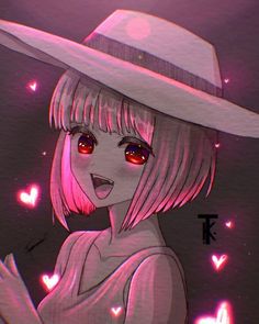 a girl with pink hair wearing a white hat