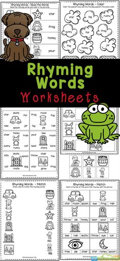 the worksheet for rhyming words is shown in green and black with an image