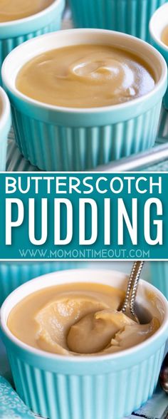 butterscotch pudding in blue bowls with spoons on the side and text overlay reading butterscotch pudding