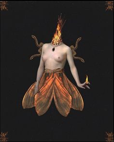 a woman with fire on her head and wings around her body, standing in front of a black background