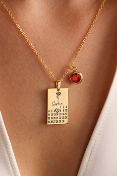 Calendar Necklace With Birthstone, Customized Calendar Anniversary Necklace, Birth Date Necklace, Special Day Necklace, Gift For Here * Material: Brass Necklace Length :14''-15''-16''-17''-18''-19''-20''-21''-22'' İNÇ * Finish: Rhodium Plated ∙ Gold plated ∙ Rose Gold plated - Black * Let us know what NAME - BIRTH FLOWER AND STONE - DATE you want using 'PERSONALIZATION BOX' ► PROCESSING & SHIPPING ♥ All items purchased will be shipped within 1-3 business days. ♥ You can upgrade your shipping to Customized Rectangular Jewelry For Valentine's Day, Customized Red Jewelry For Birthday, Calendar Necklace, Date Necklace, Mens Bangles, Anniversary Necklace, Custom Calendar, Pura Vida Bracelets, Meaningful Jewelry