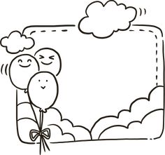 a drawing of two people holding balloons in the sky with clouds above them, and one person