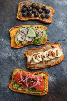 three slices of bread with different toppings on them