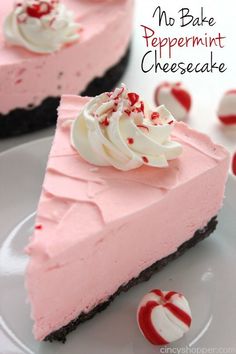 a slice of no bake peppermint cheesecake on a plate