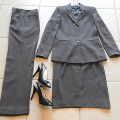 Kasper Gray Skirt Suit And Pant Suit Provides Options For Your Business Meeting Or Special Occasion. 3 Pieces Includes Suit Jacket, Skirt, And Pants. Fully Lined Pieces Are 100% Polyester, Dry Clean Only. New, Unused. Tag Is Still Attached To The Pants. Skirt Waistband 29", Length 24 3/8". Pants Inseam 31.5". Accessories Not Included (Shoes, Lilac Tank, Scarf, And Necklace). Classic Fitted Career Sets, Classic Fitted Sets For Career, Fitted Career Sets For Fall, Suit And Skirt, Grey Skirt Suit, Skirt Waistband, Preppy Blazer, Matching Skirt Set, Skirt And Pants