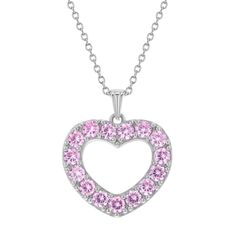 Looking for a special gift for your little princess? This gorgeous open heart pendant sparkles brightly with multiple pretty pink cubic zirconias. Crafted entirely of 925 sterling silver which is suitable for those with sensitive skin. This necklace rests on a beautiful matching link chain and comes neatly packaged in its own little gift box! Age Group: Lovely for Young Girls and Pre-Teens; Safe for Sensitive Skin Material: 925 Sterling Silver Heart Size: 17mm x 18mm Open heart, prong set (pink) Heart Cut Cubic Zirconia Birthstone Necklace, Pink Cubic Zirconia Heart Necklace, Pink Heart Cut Cubic Zirconia Necklace, Pink Cubic Zirconia Pendant Necklace, Pink Cubic Zirconia Heart Charm Necklace, Pink Cubic Zirconia Heart Pendant Necklace, Pink Heart Charm Necklace In Cubic Zirconia, Pink Heart-shaped Jewelry With Sparkling Stones, Pink Heart Cut Sparkling Stones Jewelry