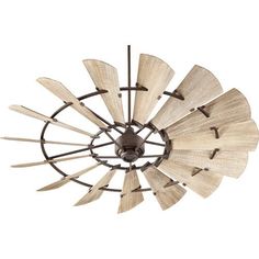 a light fixture with wooden blades hanging from it's center point, on an isolated white background