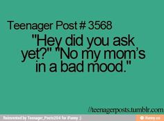 the text reads teenager post 3508 hey did you ask yet? no my mom's in a bad mood