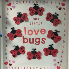 the door is decorated with ladybugs for valentine's day and says, our little love bugs