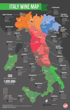 the wine regions in italy are shown with their names and numbers on it's map