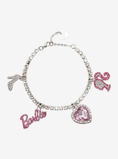 Barbie Charm Bracelet, Pink Barbie Clothes, Barbie Asthetics, Barbie Bracelet, Barbie Jewerly, Pink Charm Bracelet, Barbie Things, Barbie Jewelry, Barbie Logo