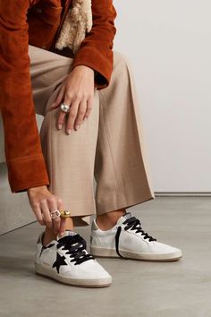 GOLDEN GOOSE Ball Star distressed printed suede-trimmed leather sneakers | NET-A-PORTER Golden Goose Ball Star, Sneaker Outfits Women, Affordable Shoes, Mid Top Sneakers, Sneakers Looks, 2024 Style, Golden Goose Sneakers, Golden Goose Shoes, Golden Goose Deluxe Brand