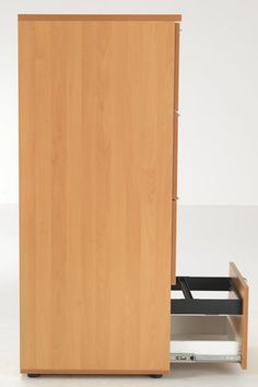 an open wooden cabinet with drawers on the bottom and one drawer in the middle that is closed