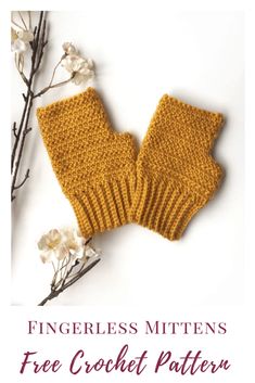 the fingerless mittens are knitted in yellow yarn