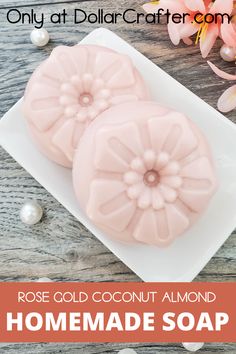 rose gold coconut almond homemade soap on a white plate with pink flowers and pearls in the background