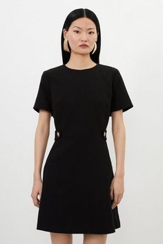 Compact Stretch Essential Waist Tab Detail Tailored Mini Dress | Karen Millen Women Work Clothes, Work Outfits Business Casual, Office Wear For Women, Womens Workwear, Plus Size Workwear, Knit Skater Dress, Boardroom Table, Office Wear Women, Outfits Petite