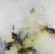 an abstract painting with white, yellow and black colors