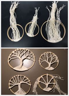 four different pictures of various items made out of string and wood, one with a tree on it