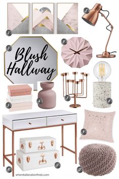 a collage of pink, gold and white decor with the words blush halfway on it