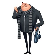 an animated man with a hat and scarf on holding a handbag in his right hand