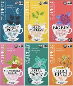 six tea bags with different flavors on them