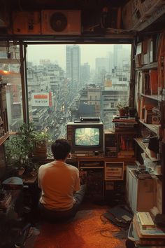 a man sitting on the floor in front of a tv surrounded by bookshelves