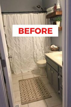 before and after photos of a bathroom remodel with tile flooring, shower curtain, rug