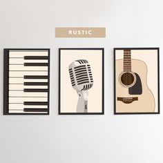 three posters with guitars and piano keys hanging on the wall