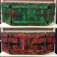 two wooden chests sitting on top of each other