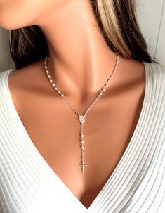 "This is an elegant rosary necklace made of 3mm Freshwater Pearls on .925 Sterling Silver. Necklace has an Sterling Silver 1/2\" Miraculous Medallion at center with spring closure clasp attached. Necklace comes in a 16\", 18\", 20\", 22, 24\" length, you choose size. The length is the measurement around the neck, it does not include the drop. A small, delicate Sterling Silver cross pendant measures 1/2\" and hangs from drop. Total drop measures 3\" with cross pendant. This style necklace also co Catholic Jewelry Necklace, Diamond Necklace Gift, Spiritual Faith, Pearl Rosary, Silver Necklaces Women, Sterling Silver Cross Pendant, Silver Cross Pendant, Silver Jewelry Necklace, Rosary Necklace