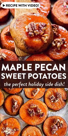 brown sugar baked sweet potatoes with walnuts and pecans in the background text reads, brown sugar baked sweet potatoes quick holiday side dish