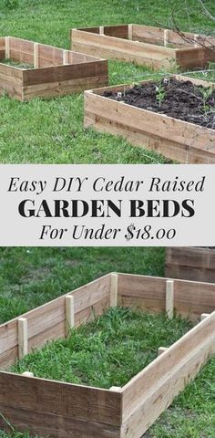 wooden raised garden beds in the grass with text overlay