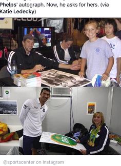 a group of people standing around a room with pictures on the wall and one man holding a surfboard