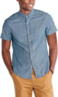 Short Sleeve Shirt With Button Closure In Washed Blue, Washed Blue Short Sleeve Shirt With Button Closure, Unstructured Blue Shirt With Button Closure, Blue Unstructured Shirt With Buttons, Blue Unstructured Shirt With Button Closure, Chambray Fabric, Blue Style, Button Front Shirt, Men Short Sleeve