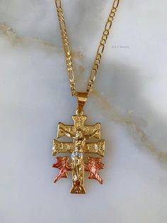 Tricolor gold plated caravaca cross with amazing detailing. It sits on a classic gold plated figaro chain. Please select length.This is a unisex medium to somewhat large sized cross. Not including the bail, it is 1 1/2 inches long, and almost 1 inch wide, at its widest point. Gold Cross Necklace With Figaro Chain, Figaro Chain Cross Pendant Necklace For Gift, Crucifix Cross Necklace With Figaro Chain As Gift, Rosary Bracelet, Kids Necklace, Figaro Chain, Figaro Chains, To My Mother, Classic Gold