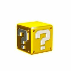 a yellow and white cube with question mark on the front, against a white background