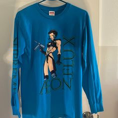 Never Worn Long Sleeve Bright Blue Supreme Aeon Flux T-Shirt. Adult Size Small. 2022 Collection. Blue Fitted Shirt With Graphic Print, Light Blue Long Sleeve T-shirt For Streetwear, Blue Graphic Print Long Sleeve Tops, Blue Long Sleeve Top With Graphic Print, Tops 2022, Aeon Flux, Bright Blue, Long Sleeve Tees, Womens Tops