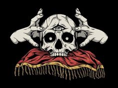 a skull with hands covering it's eyes on top of a red blanket in front of a black background