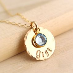 Gigi Necklace with Birthstone Crystal - Gold Gigi Necklace - Personalized Gigi Jewelry - Gift for Gi Round Birthstone Necklace For Mother's Day Gift, Birthstone Necklace For Birthday Gift, Mother's Day Birthstone Necklace Gift, Mother's Day Round Birthstone Necklace Gift, Mother's Day Gift: Round Birthstone Necklace, Gold Engraved Charm Necklace For May Birthstone, Birthday Round Gemstone Charm Necklace, Gold Sterling Silver Birthstone Necklace For Birthday, Gold Birthstone Necklace With Round Pendant