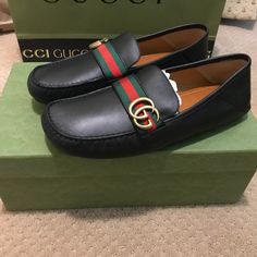 Brand New Pair (Never Worn) Gucci Loafers With Gg Web Strap. Size 8.5. Gucci Black Loafers With Branded Insole, Gucci Black Loafers With Leather Sole, Gucci Black Leather Loafers, Gucci Black Flat Loafers, Gucci Black Loafers With Leather Lining, Gucci Casual Black Loafers, Casual Black Gucci Loafers, Gucci Loafers Men, Gucci Shoes Loafers