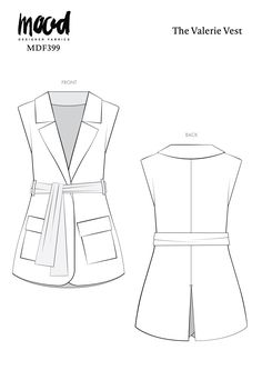 the sleeveless vest pattern is shown in black and white, with an attached belt