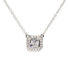 Coveted for its distinctive square shape and brilliant facets, this halo pendant necklace will elevate any look with its statement center stone. The cushion-cut was highly revered in the 19th century and still remains popular today. The chain has been accented with 8 CZ on square bezels. If you are drawn to classy and refined styles, this piece is for you. - Stones Material: Cubic Zirconia. - Stones Shape: Tiny Round and Large Square - Metal: 925 Sterling Silver. - Plating: Rhodium plated. - Cha Halo Pendant, Square Shape, Cushion Cut, Chain Lengths, Rhodium Plated, Silver Necklaces, 19th Century, Diamond Necklace, Halo