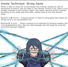 an anime character is holding their hands in front of her face and the caption reads, inate technique string game