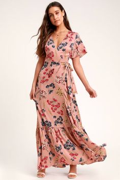 Mystic Mondays Mauve Floral Print Wrap Maxi Dress Flowy Floral Maxi Dress, Pink Floor, Lulus Maxi Dress, Cute Floral Dresses, Womens Wrap Dress, Purple Maxi Dress, Lulus Dresses, Wrap Maxi Dress, Mauve Dress