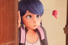 a girl with blue hair is looking out from behind a door at a red spider