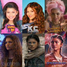 the cast of spider - man is shown in four different pictures, including one with pink hair